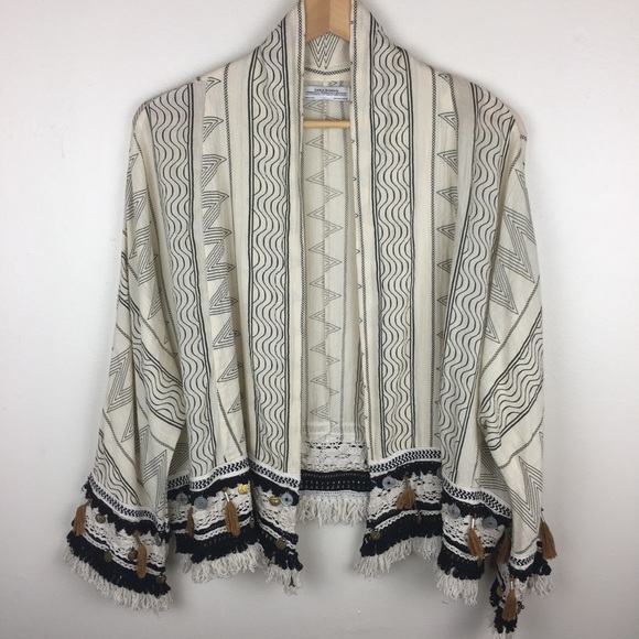 Zara Sweaters - Zara Premium Denim Boho Fringe Open Front Cardigan
